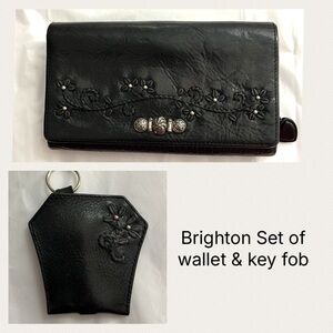 Brighton Black Genuine Leather Floral Wallet and Key Fob Set